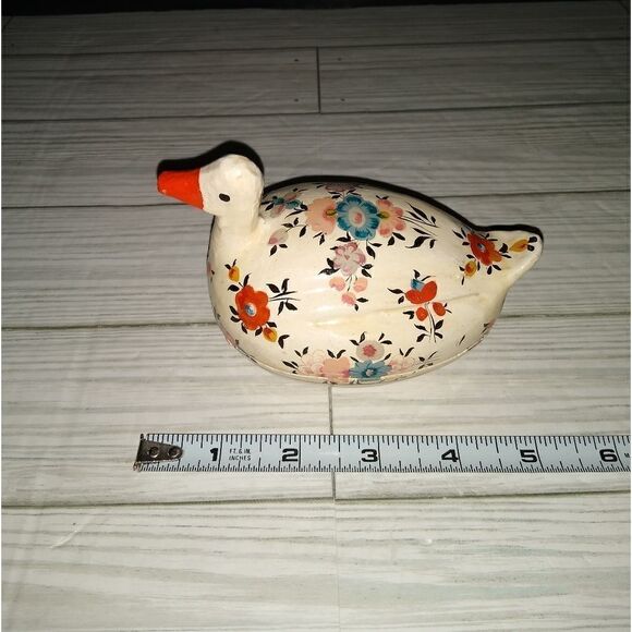 Vintage Hand Painted Wooden Duck With Flowers Trinket Jewelry Decor Box - Picture 9 of 9